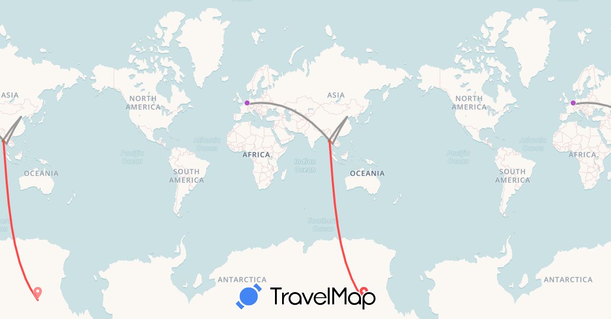 TravelMap itinerary: driving, bus, plane, train, hiking in China, Germany, Myanmar (Burma), Thailand (Asia, Europe)