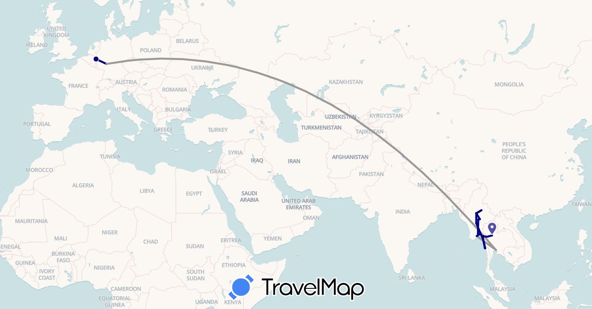 TravelMap itinerary: driving, plane in Germany, Myanmar (Burma), Thailand (Asia, Europe)